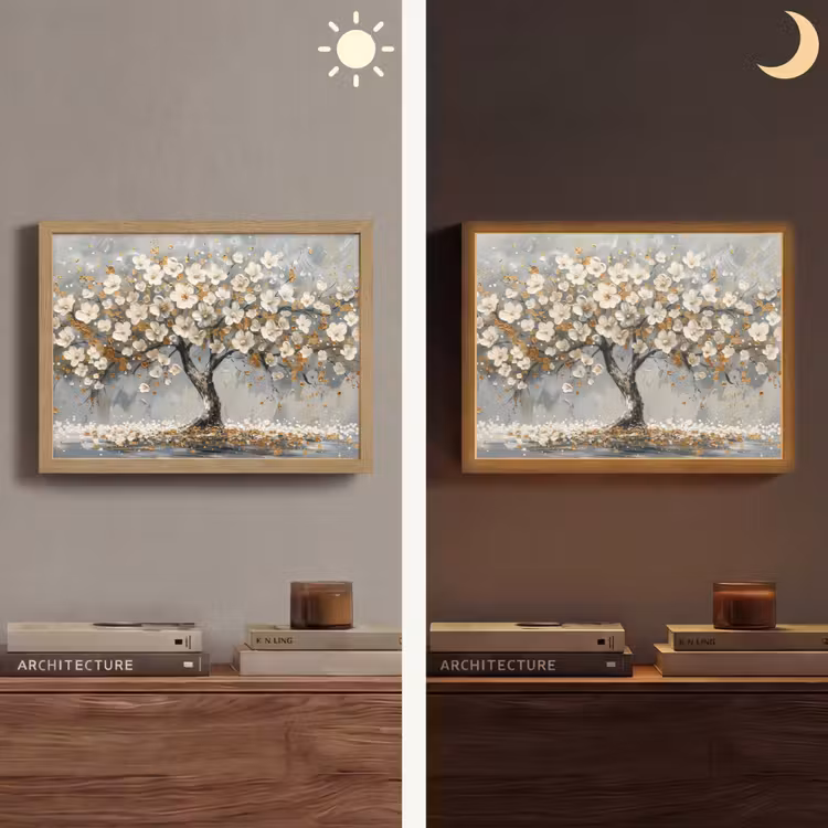 Boom - Goud - Bloemen - Abstract - Kunst Light Box met batterij (Wandlamp) middel -sfeer3