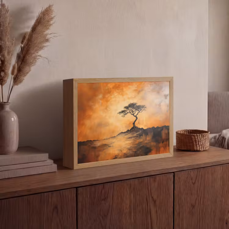 Boom - Landschap - Oranje Light Box met batterij (Wandlamp) middel -sfeer2