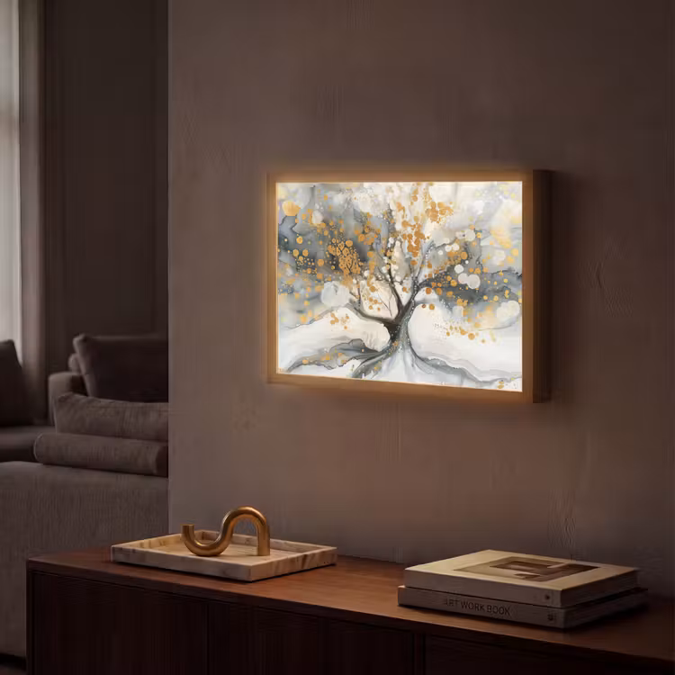 Boom - Modern - Abstract - Goud - Zwart - Wit Light Box met batterij (Wandlamp) middel -sfeer1