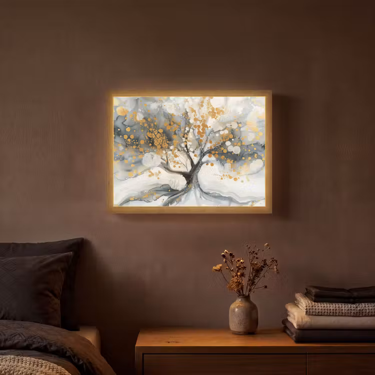 Boom - Modern - Abstract - Goud - Zwart - Wit Light Box met batterij (Wandlamp) middel -sfeer4