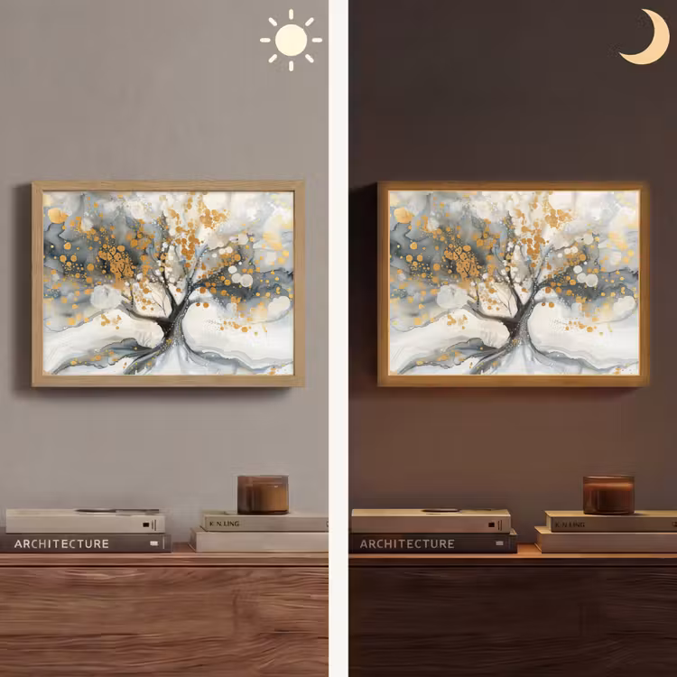 Boom - Modern - Abstract - Goud - Zwart - Wit Light Box met batterij (Wandlamp) middel -sfeer3