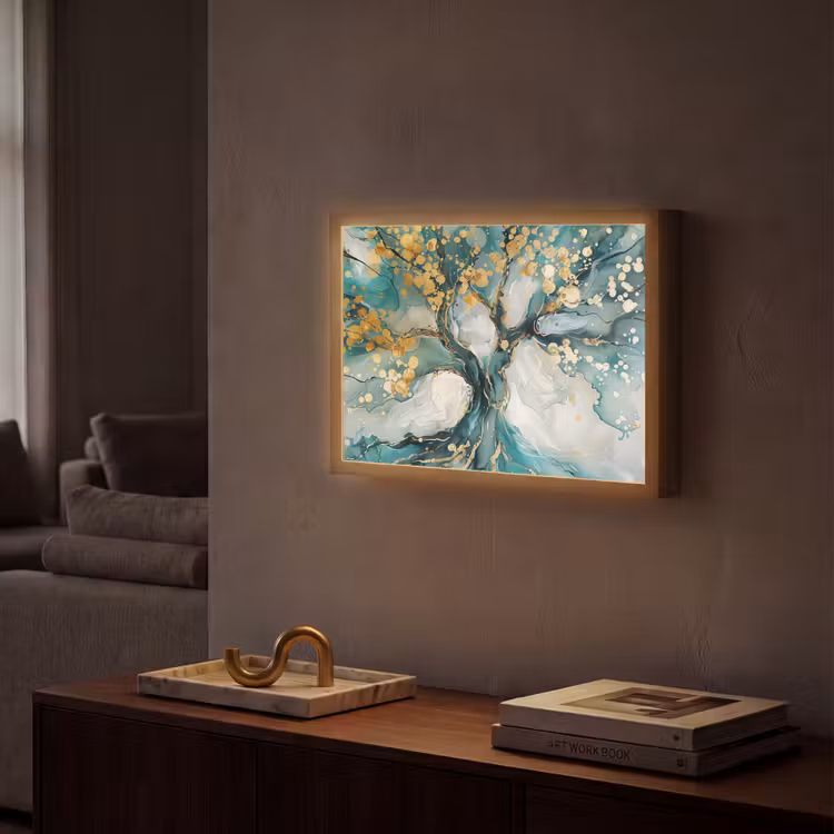 Boom - Modern - Verflook - Turquoise - Goud Light Box met batterij (Wandlamp) middel -sfeer1