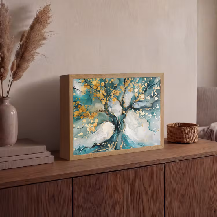 Boom - Modern - Verflook - Turquoise - Goud Light Box met batterij (Wandlamp) middel -sfeer2