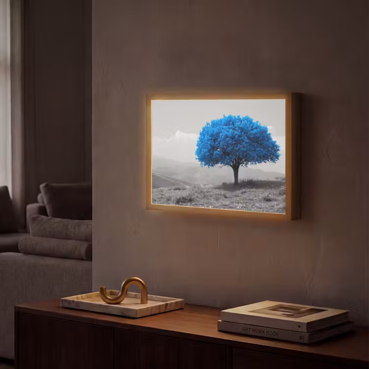 Boom - Natuur - Blauw - Zwart wit Light Box met batterij (Wandlamp) middel -sfeer1