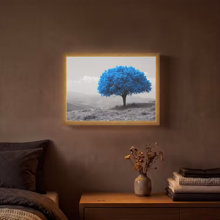 Boom - Natuur - Blauw - Zwart wit Light Box met batterij (Wandlamp) middel -sfeer4