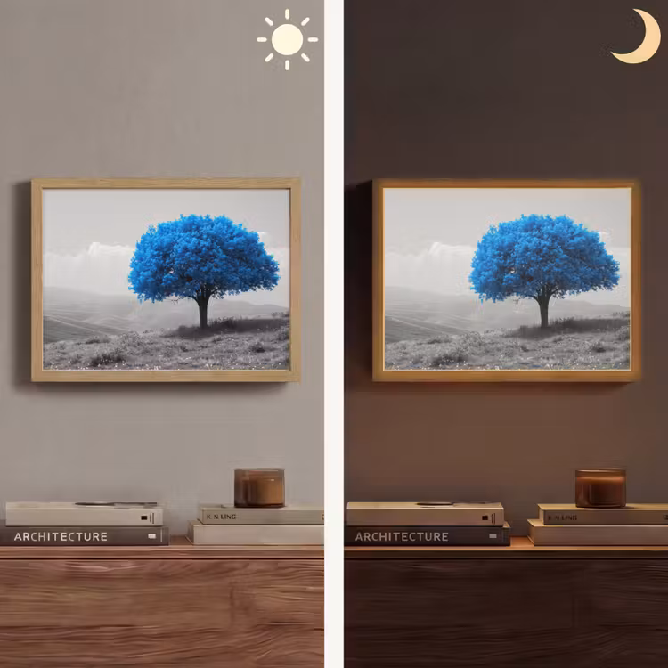 Boom - Natuur - Blauw - Zwart wit Light Box met batterij (Wandlamp) middel -sfeer3