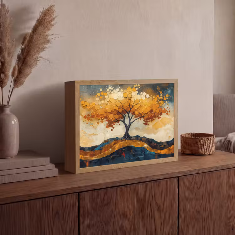 Boom - Natuur - Goud - Modern Light Box met batterij (Wandlamp) middel -sfeer2