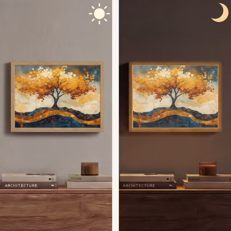 Boom - Natuur - Goud - Modern Light Box met batterij (Wandlamp) middel -sfeer3