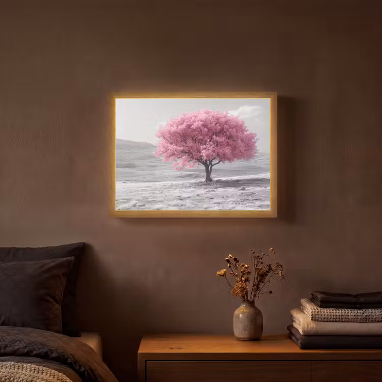 Boom - Natuur - Roze - Zwart wit Light Box met batterij (Wandlamp) middel -sfeer4