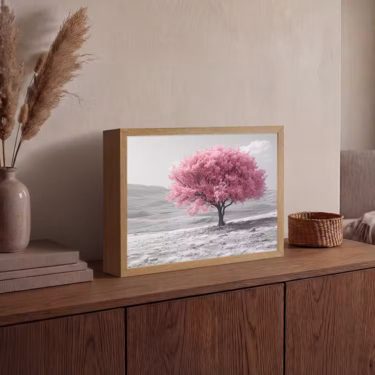 Boom - Natuur - Roze - Zwart wit Light Box met batterij (Wandlamp) middel -sfeer2