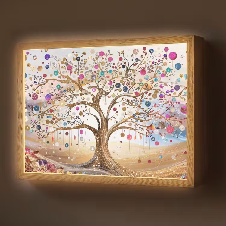 Levensboom - Goud - Kleurrijk - Abstract - Aesthetic Light Box met batterij (Wandlamp) middel -z3d_website