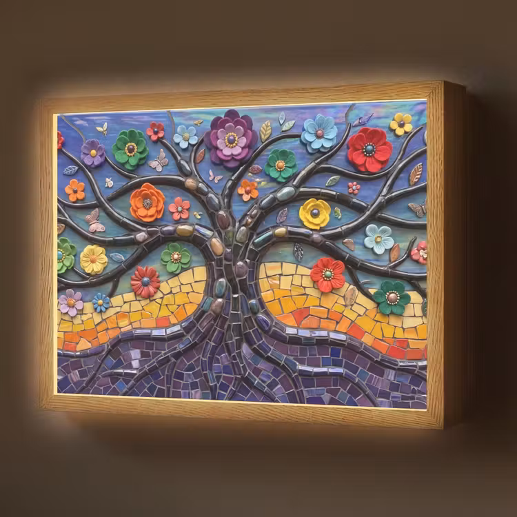 Levensboom - Mozaïek - Bloemen - Kleurrijk - Vrolijk Light Box met batterij (Wandlamp) middel -z3d_website