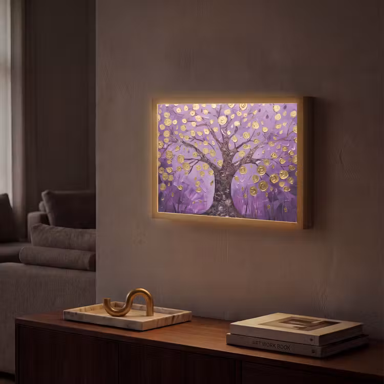 Levensboom - Boom - Paars - Goud - Modern Light Box met batterij (Wandlamp) middel -sfeer1