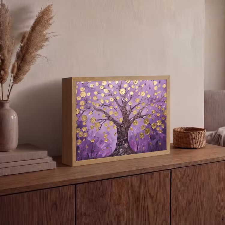 Levensboom - Boom - Paars - Goud - Modern Light Box met batterij (Wandlamp) middel -sfeer2