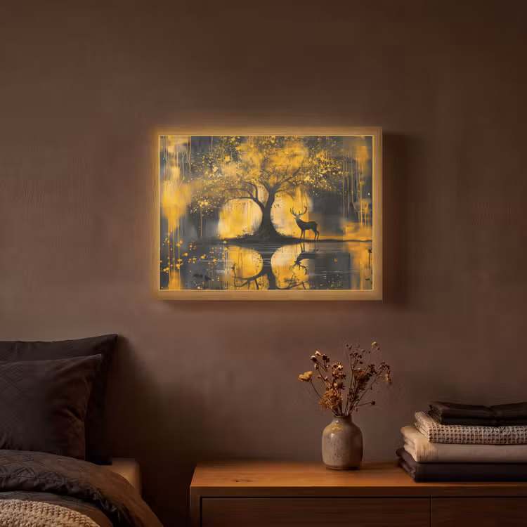 Boom - Verflook - Hert - Natuur - Goud Light Box met batterij (Wandlamp) middel -sfeer4