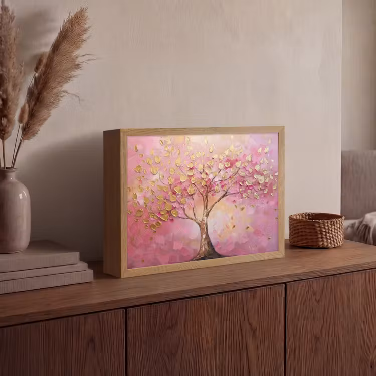 Boom - Roze - Goud - Modern Light Box met batterij (Wandlamp) middel -sfeer2