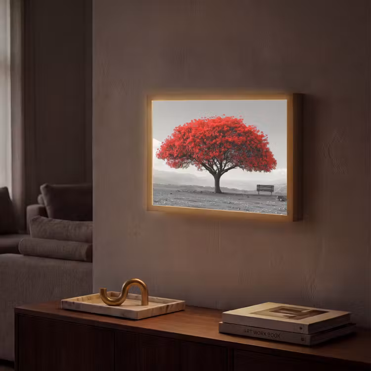 Boom - Rood - Natuur - Zwart wit Light Box met batterij (Wandlamp) middel -sfeer1