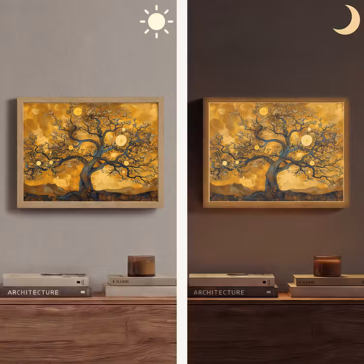 Boom - Levensboom - Abstract - Goud Light Box met batterij (Wandlamp) middel -sfeer3