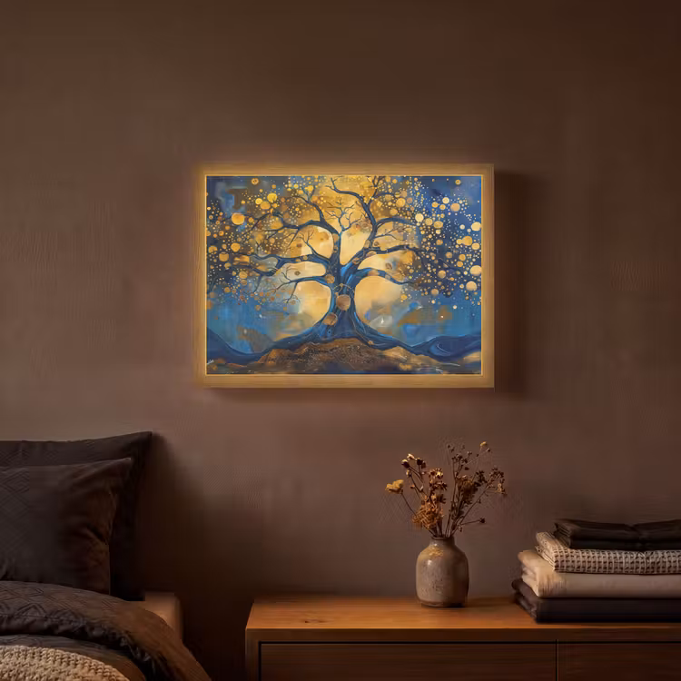 Boom - Levensboom - Blauw - Goud Light Box met batterij (Wandlamp) middel -sfeer4