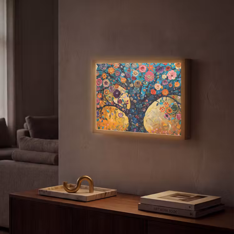 Boom - Levensboom - Kleurrijk - Bloemen - Modern Light Box met batterij (Wandlamp) middel -sfeer1
