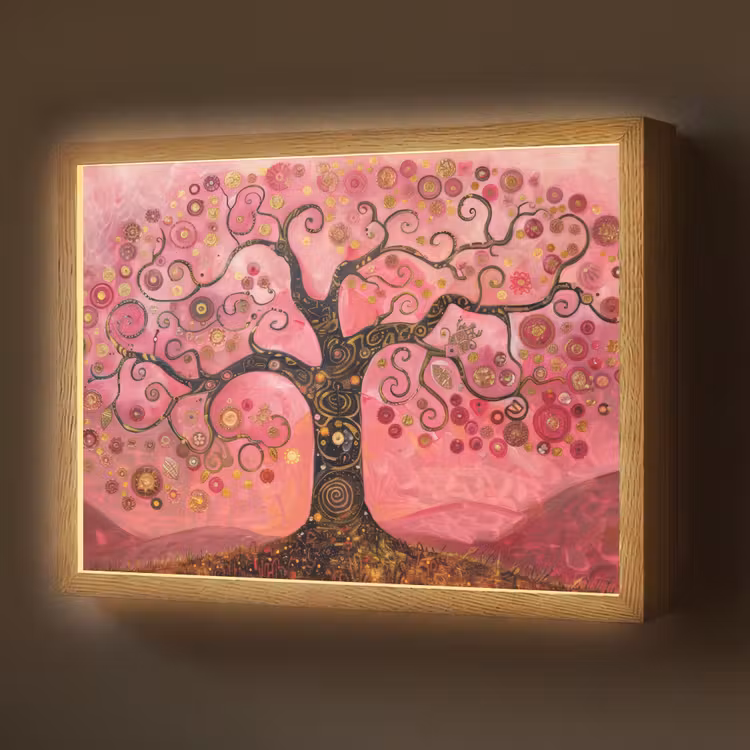 Boom - Levensboom - Roze - Goud Light Box met batterij (Wandlamp) middel -z3d_website