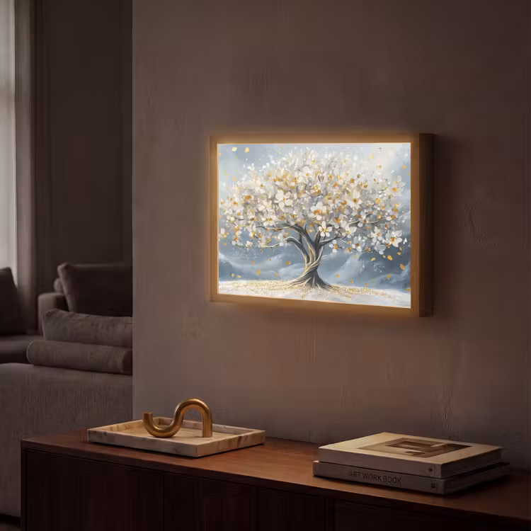 Boom - Winter - Levensboom - Modern - Goud Light Box met batterij (Wandlamp) middel -sfeer1