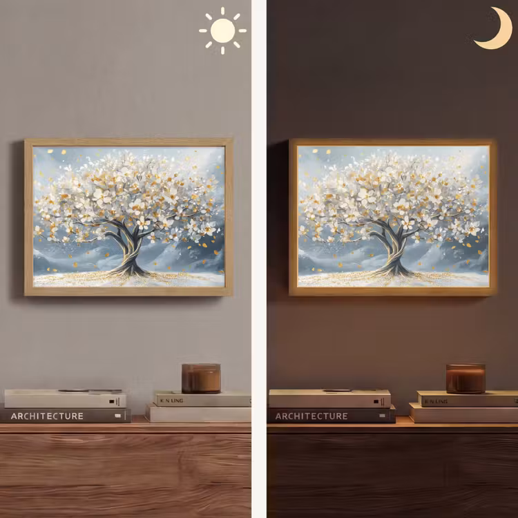 Boom - Winter - Levensboom - Modern - Goud Light Box met batterij (Wandlamp) middel -sfeer3
