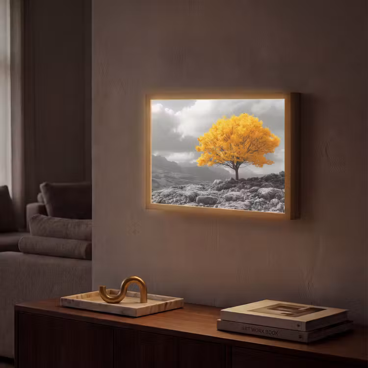 Boom - Geel - Natuur - Zwart wit Light Box met batterij (Wandlamp) middel -sfeer1