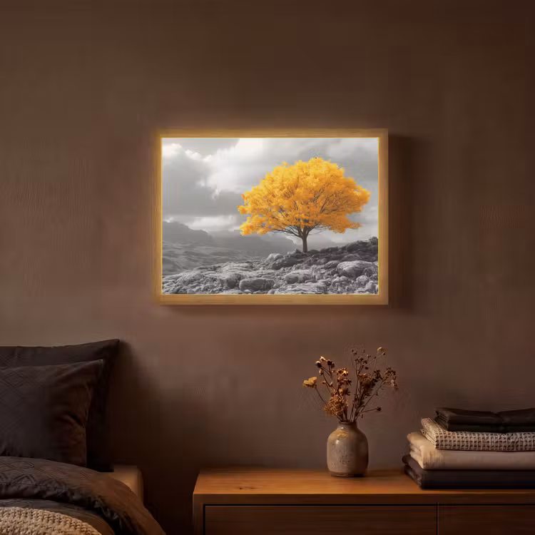 Boom - Geel - Natuur - Zwart wit Light Box met batterij (Wandlamp) middel -sfeer4
