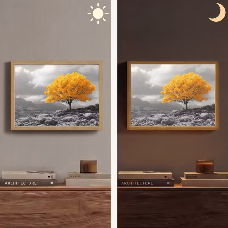 Boom - Geel - Natuur - Zwart wit Light Box met batterij (Wandlamp) middel -sfeer3
