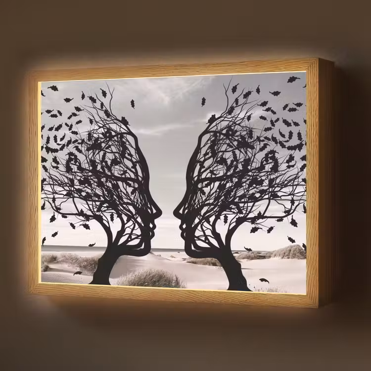 Bomen - Gezicht - Bladeren - Moderne kunst Light Box met batterij (Wandlamp) middel -z3d_website