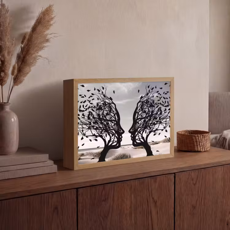 Bomen - Gezicht - Bladeren - Moderne kunst Light Box met batterij (Wandlamp) middel -sfeer2