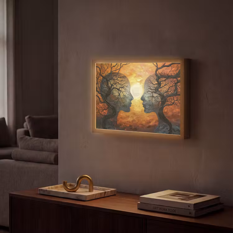 Bomen - Gezichten - Zon - Kunst Light Box met batterij (Wandlamp) middel -sfeer1