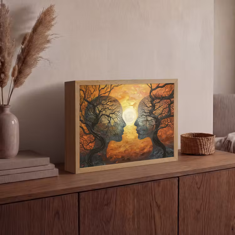 Bomen - Gezichten - Zon - Kunst Light Box met batterij (Wandlamp) middel -sfeer2