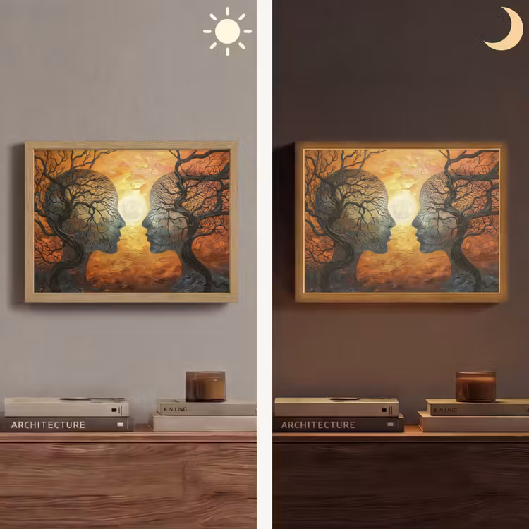 Bomen - Gezichten - Zon - Kunst Light Box met batterij (Wandlamp) middel -sfeer3