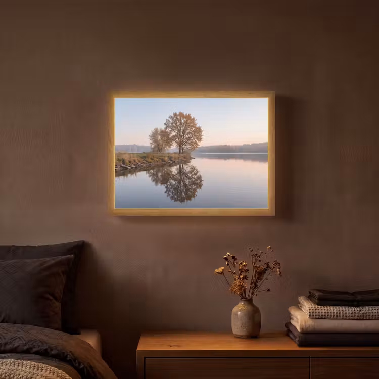 Bomen - Reflectie - Water - Zonsopgang - Serene Light Box met batterij (Wandlamp) middel -sfeer4