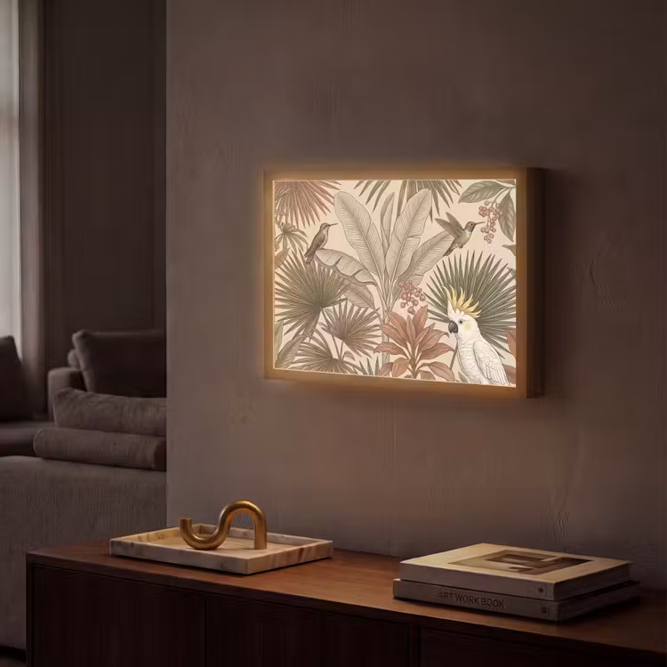 Tropisch - Vogels - Beige Light Box met batterij (Wandlamp) middel -sfeer1