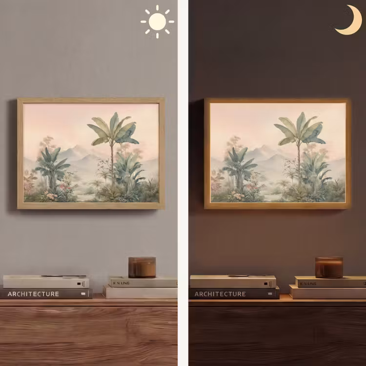 Tropisch landschap - palmbomen - Bloemen - Roze lucht Light Box met batterij (Wandlamp) middel -sfeer3