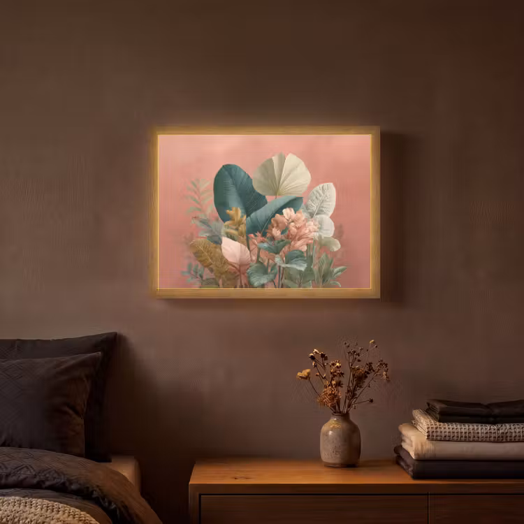 Tropische bladeren - Bloemen - Roze - groen Light Box met batterij (Wandlamp) middel -sfeer4