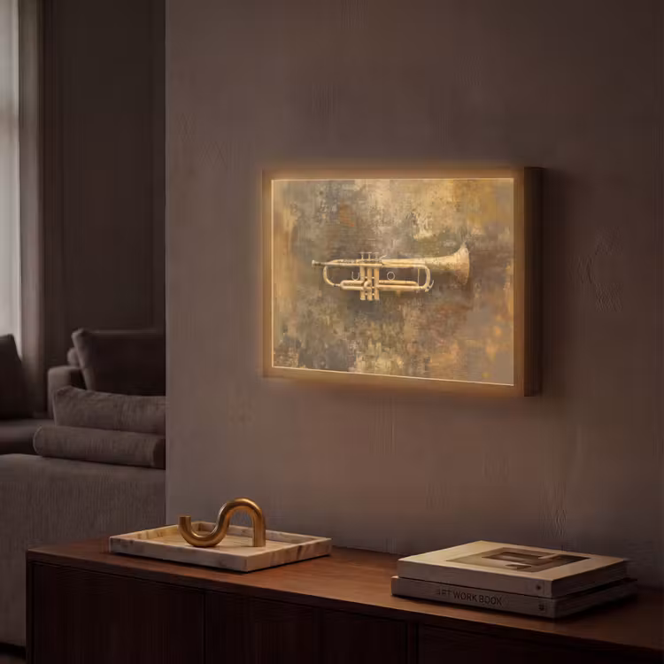 Trompet - Geel - Muzikaal Light Box met batterij (Wandlamp) middel -sfeer1