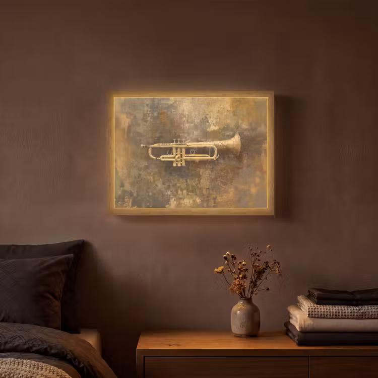 Trompet - Geel - Muzikaal Light Box met batterij (Wandlamp) middel -sfeer4