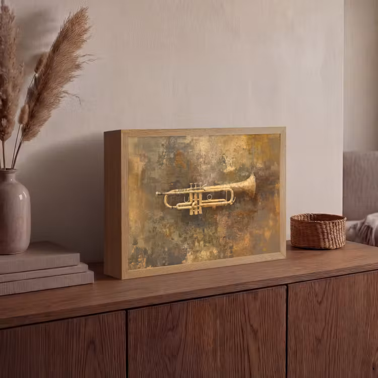 Trompet - Geel - Muzikaal Light Box met batterij (Wandlamp) middel -sfeer2