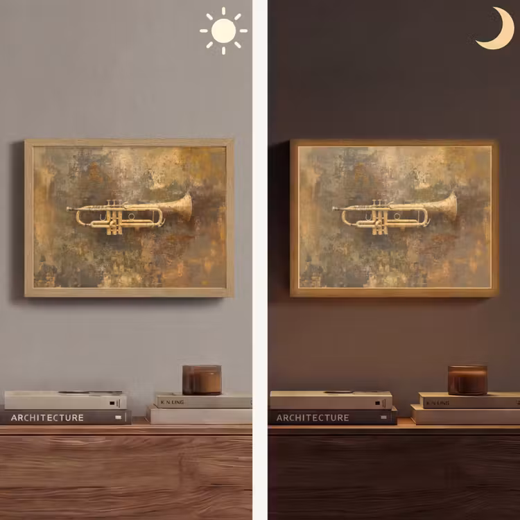 Trompet - Geel - Muzikaal Light Box met batterij (Wandlamp) middel -sfeer3