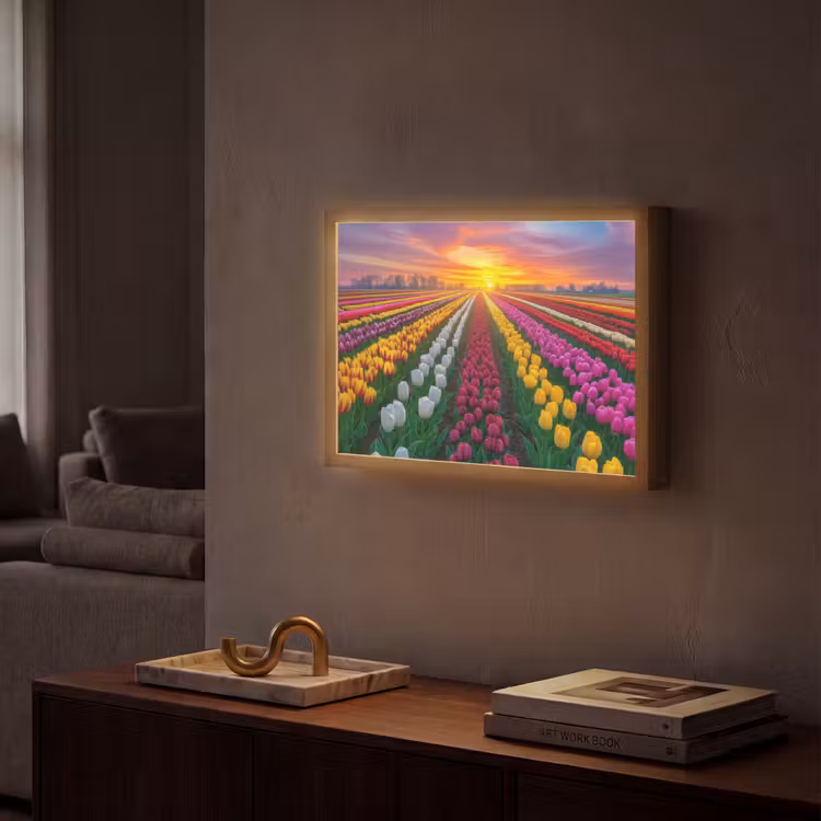 Tulpenveld - Zonsondergang - Kleurrijk Light Box met batterij (Wandlamp) middel -sfeer1