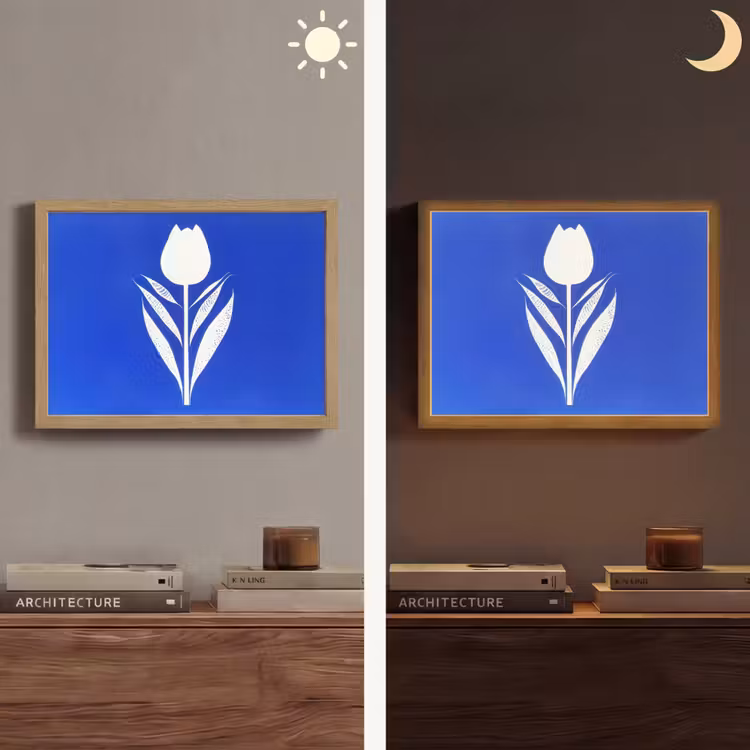 Tulp - Minimalistisch - Bladeren - Wit Light Box met batterij (Wandlamp) middel -sfeer3
