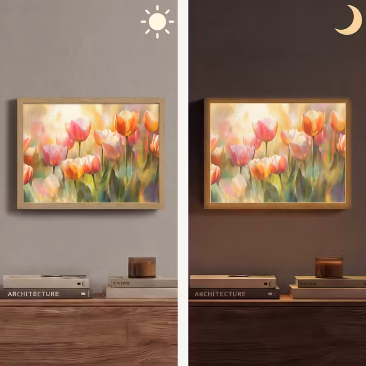 Tulpen - Sprookjesachtig - Kleurrijk Light Box met batterij (Wandlamp) middel -sfeer3