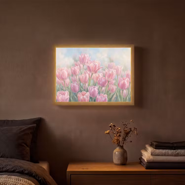 Tulpen - Veld - Lente - Roze Light Box met batterij (Wandlamp) middel -sfeer4