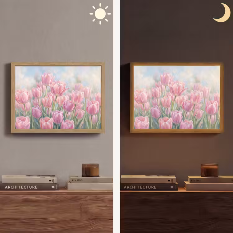 Tulpen - Veld - Lente - Roze Light Box met batterij (Wandlamp) middel -sfeer3