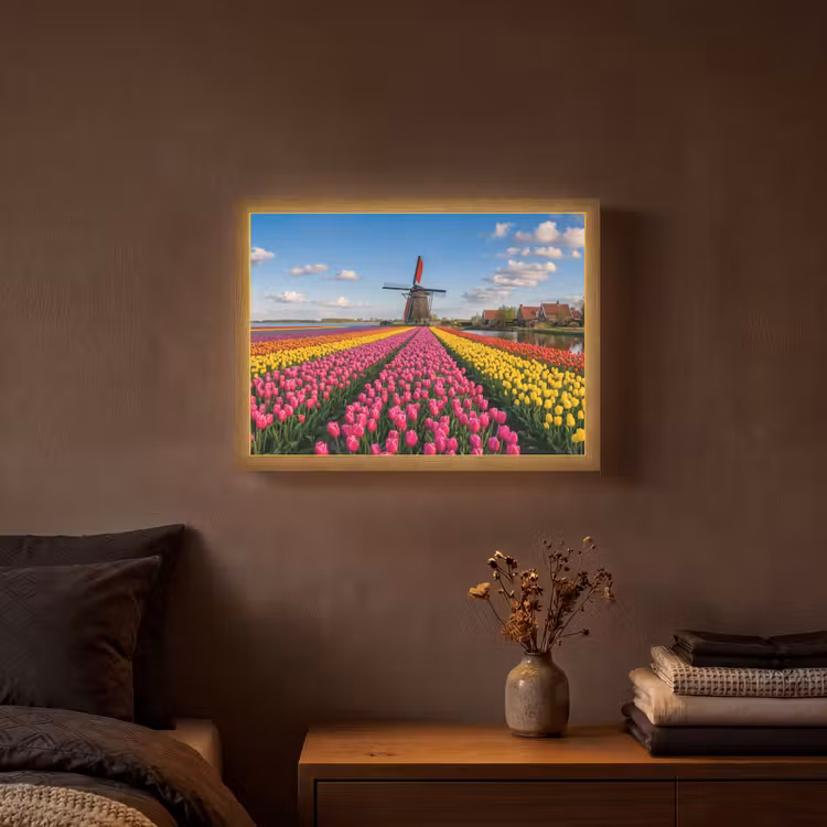 Tulpen - Holland - Molen - Kleurrijk Light Box met batterij (Wandlamp) middel -sfeer4