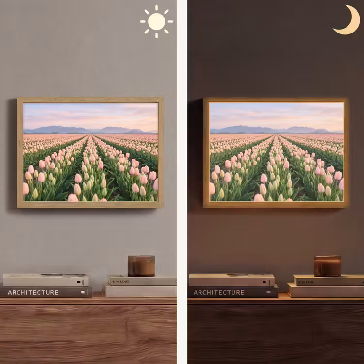 Tulpen - Landschap - Roze Light Box met batterij (Wandlamp) middel -sfeer3